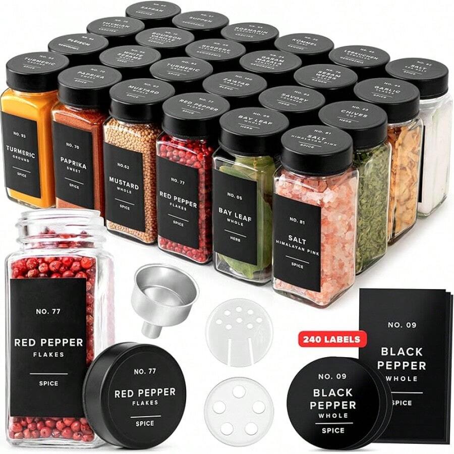 Glass Spice Jars With Labels And Steel Lids (24 X 4oz) Spice Containers With 240 Label, Steel Funnel, Shaker Inserts, Empty Square Seasoning Organizer For Spice Rack, Cabinet, Drawer - Black Stainless Steel Lid - 查看 1