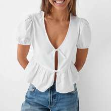 Women's Babydoll Tops Casual Loose Fitting V Neck Open Front Tie-Up Short Sleeve Ruffled Shirt For Summer - White - View 1