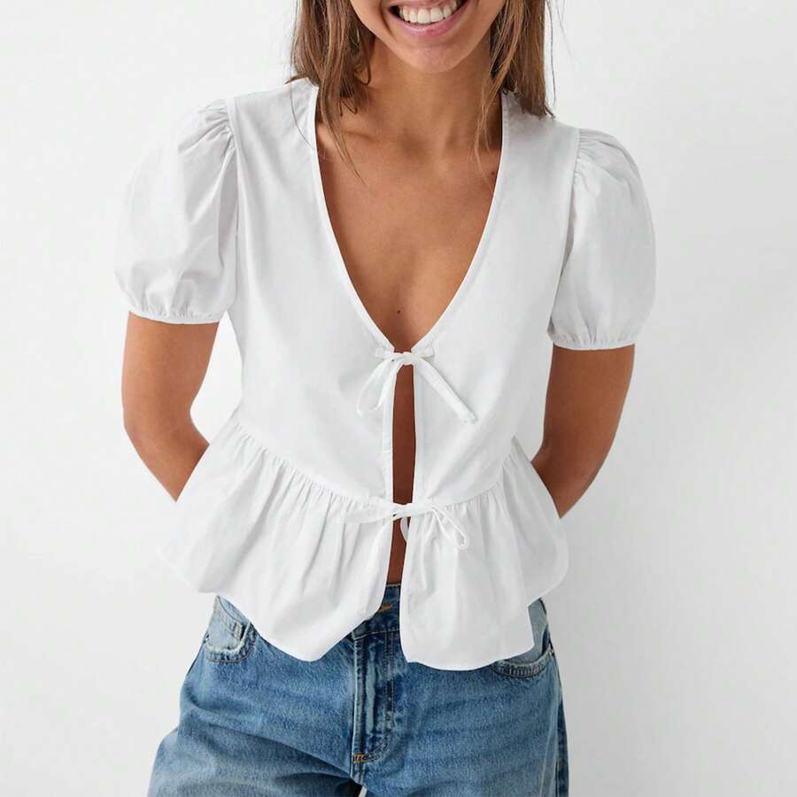 Women's Babydoll Tops Casual Loose Fitting V Neck Open Front Tie-Up Short Sleeve Ruffled Shirt For Summer - White - View 1