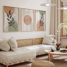 Boho Abstract Wall Art Prints Set Of 3, Sage Green And Rust Orange Wall Art, Beige Terracotta Black Neutral Pastel Mid Century Art, Modern Minimalist Geometric Lines Leaves Abstract Art Picture, No Frame - Multicolor - View 4