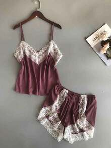 1 Set Women Spring/Autumn Ice Silk Sleepwear, Sexy Lace Trim Silk Camisole & Shorts 2pcs Pajama Set, Loungewear - Mauve Purple - View 1