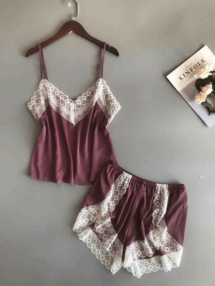 1 Set Women Spring/Autumn Ice Silk Sleepwear, Sexy Lace Trim Silk Camisole & Shorts 2pcs Pajama Set, Loungewear - Mauve Purple - View 1