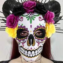 メキシコの祭りのための女性用死者の日のフェイスウェアカラフルな花のデザインスカルヘッドギアコスチューム - パープル - チェックする 5