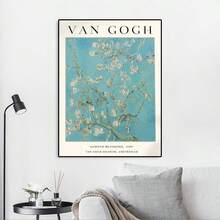 文森特·梵高 杏花油画艺术印刷品，装饰艺术，经典，现代风格海报，无框水墨壁画，时尚主题，肖像方向，适用于家庭办公室、客厅、卧室、厨房、浴室，适合春季，创意礼品，无框架 - 藍色 - 查看 4
