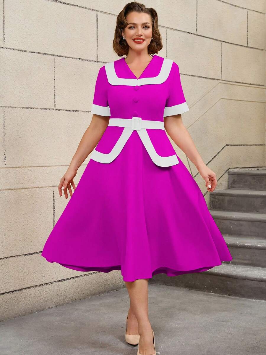 AOMEI Plus Size Elegant 1950 Swing Dress Pink White Color Blocking Patchwork Belly Cover Curve, Party Dress, For Cocktail
