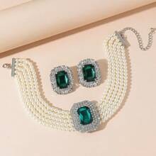 1 Set Women's Rhinestone Pearl Jewelry Necklace & Earrings Set - Green - View 11