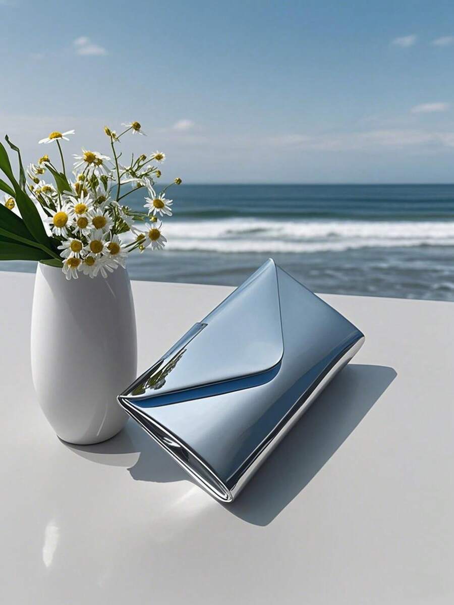 2025 New Fashion Silver Metallic Evening Bag, Women's PU Leather Shiny Mirror Flap Clutch Purse, Elegant Party Shoulder Bag With Chain Strap - Silver - View 1
