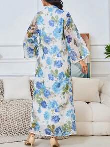 Arabic Women's Long Dress Printed Abaya Robe, Turkish Women Gulf Eid Gown, Modest Kaftan