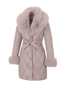 Chaqueta acolchada para mujer Risissida para exteriores con cuello de piel sintética, cinturón con ribete - Abrigo acolchado minimalista largo para otoño e invierno