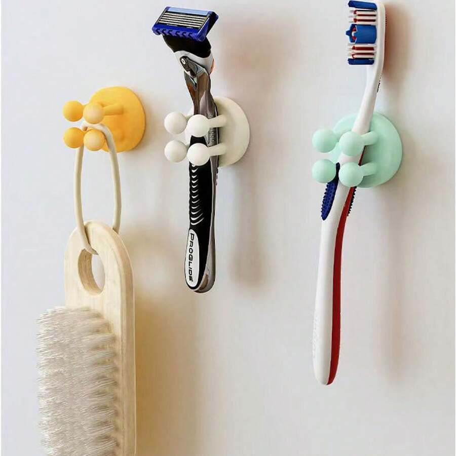 2pcs Random Color Bathroom Organizer Rack With Hooks For Toothbrush & Razor, Easy Adhesive Installation, Waterproof, Moisture-Proof