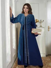 Cárdigan de mujer largo tipo bata, vestido largo de ajuste holgado con adornos de strass, con cremallera, modesto - Azul - Ver 2