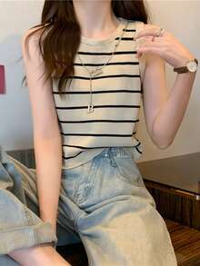 女士针织吊带背心上衣，时尚修身汗衫 - 杏色 - 查看 1