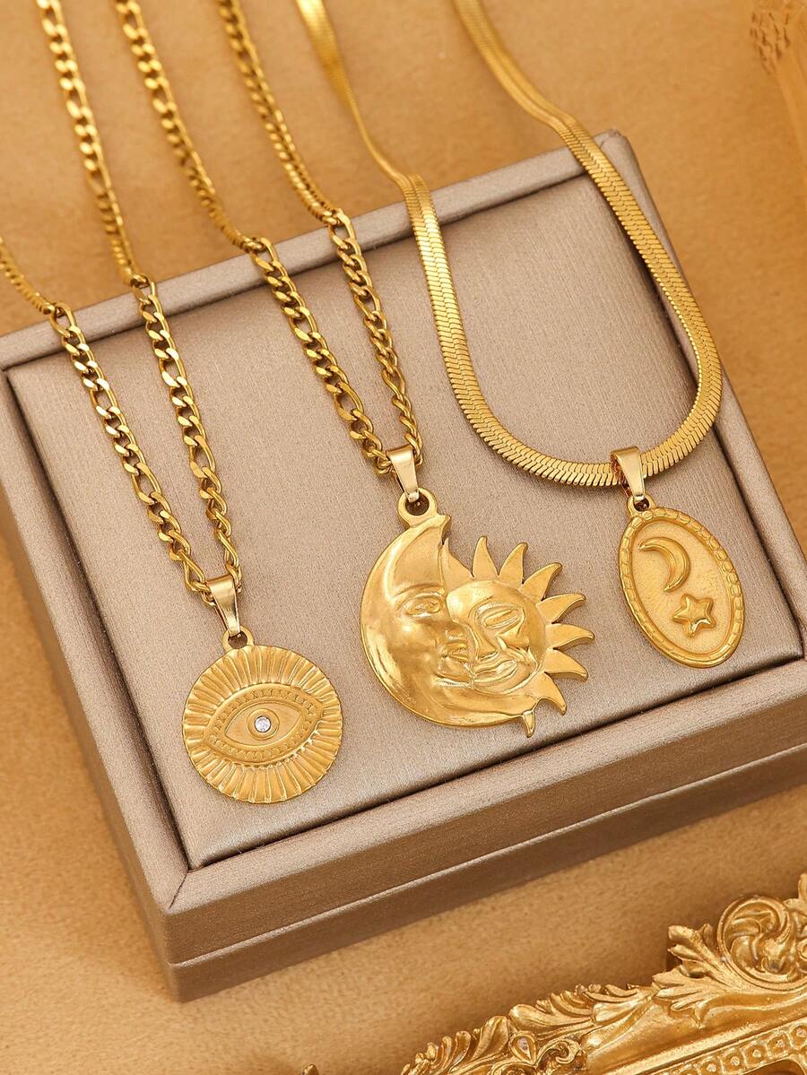 3pcs Stainless Steel Vintage Necklace Set, Moon, Star & Eye Pendant Design, Suitable For Women's Daily Wear Or Gift - Yellow Gold - View 1