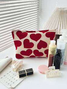 Women's Makeup Bag, Red Heart Corduroy Makeup Bag Organizer Aesthetic Design Cosmetic Pouch, Girls Pencil Pouch, Cute Smile Face Pink Bow Pattern Y2K Stylish Cosmetic Bag For Travel ,Back To School Holiday Essentials Holiday Travel Essentials Travel Bag Travel Accessories - Red - View 4