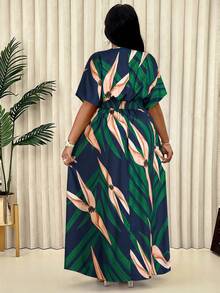 BIUBIU 大码女式热带植物印花 V 领蝙蝠袖短袖连衣裙（随机花卉图案） - 墨綠色 - 查看 2