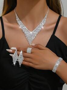 2024 New Bride Jewelry Set - Shimmering Crystal Tassel Earrings, Elegant Necklace, Bracelet & Ring, Suitable For Weddings, Banquets, Balls, Parties - Silver - View 21