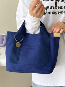 新款时尚优质帆布午餐包，女士休闲手提包 - 藏蓝色 - 查看 4