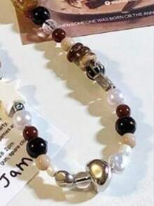 1 件装复古棕色豹纹猫珠手机链优质感短挂绳腕带串珠链相机吊坠女式