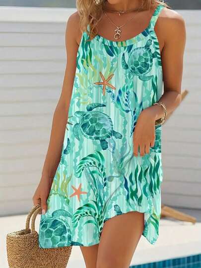 Women's Ocean Pattern Sleeveless Mini Dress, Suitable For Beach Vacation