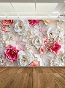 1pc 3D Pink And White Paper Flowers Wall Photography Backdrops Floral Roses Party Banner 59.1*39.4/82.7*59.1/106.3*70.9 Inches Newborn Shower Bridal Wedding Birthday Anniversary Photo Background Indoor Outdoor Romantic Decoration Supplies