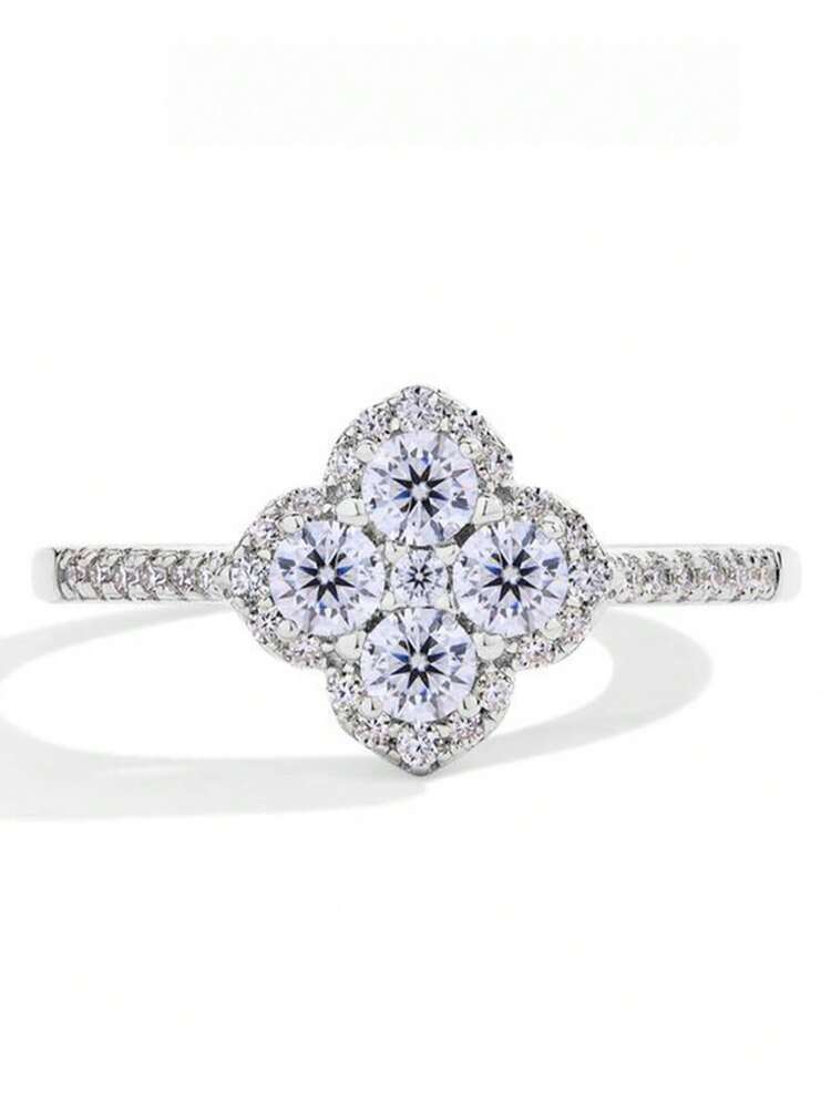 1pc Four-Leaf Flower Ring, S925 Sterling Silver Delicate Double-Layer Ring, Exquisite Jewelry, Gift For Girls, Daily Accessory - Four-petal Flower Ring - View 1