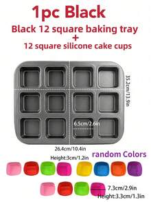 1入非粘式方形蛋糕烤盤,12入金色方型蛋糕模具,平底松餅杯和煎餅烤盤,松餅杯蛋糕製造機,蛋糕烤盤,12孔松餅杯蛋糕盤,布丁方形模,提拉米蘇烤盤,廚房烤箱工具,適用製作各種方形烘烤食品 - 金色 - 查看 4