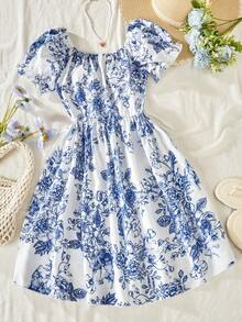 女童碎花泡泡袖连衣裙，方领设计，优雅时尚，适合夏季户外活动和派对。 - 藍色 - 查看 2