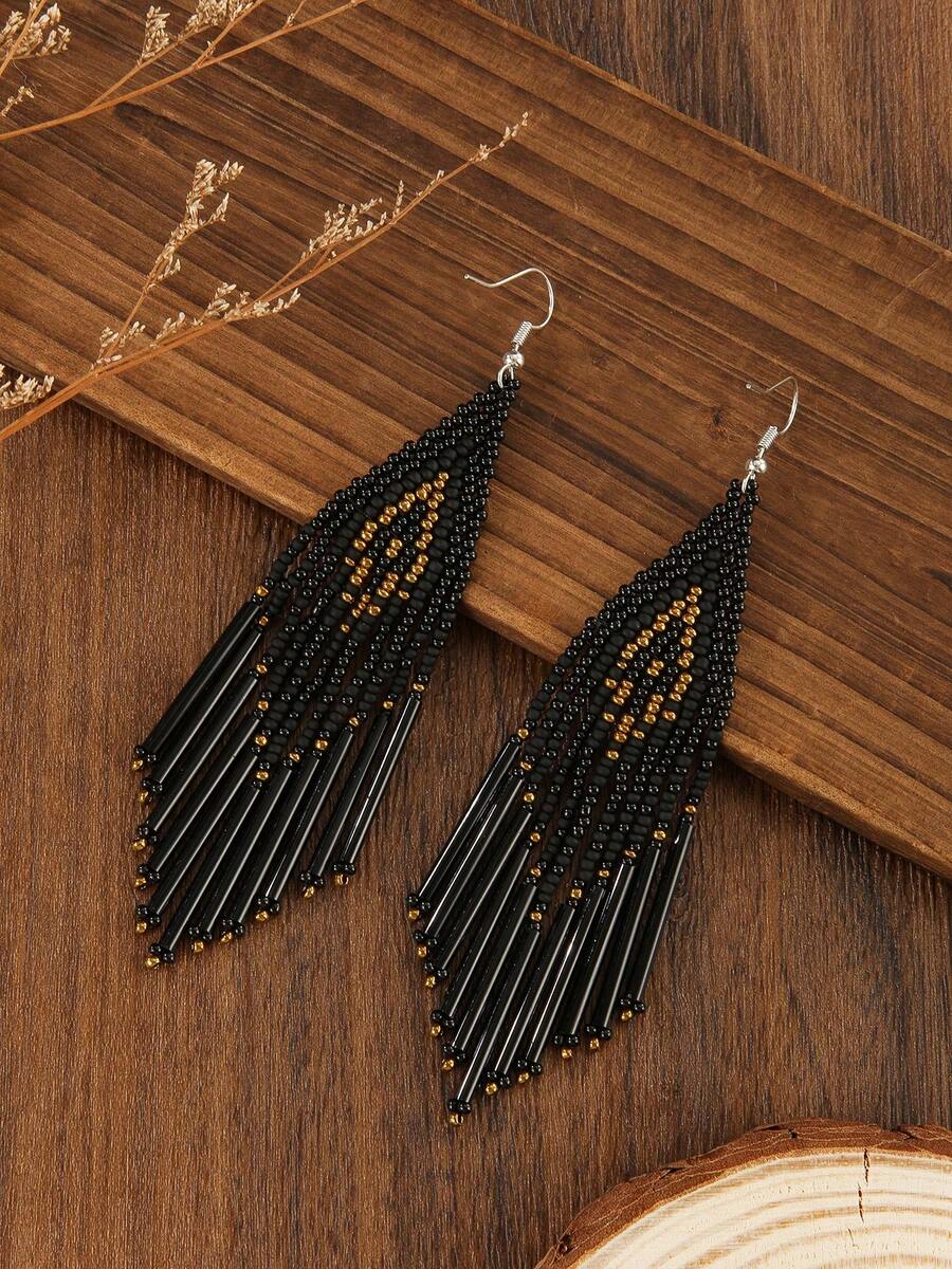 复古波西米亚风格黑色魅力串珠流苏耳环，手工分层串珠设计，优雅时尚珠宝，适合女性日常/派对佩戴，是送给女朋友/姐妹的完美礼物