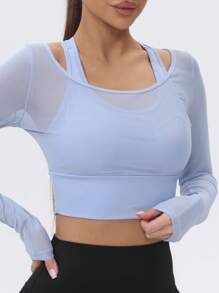 1pc Women Mesh Long Sleeve Cropped Yoga Sports T-Shirt With Built-In Bra Pad