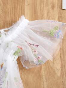 1pc Young Girl Cute Elegant Princess Butterfly & Floral 3D Decor Cap Sleeve Embroidery Tulle Tutu Party Dress, Beach Holiday Outfit, Spring/Summer/Autumn - White - View 6