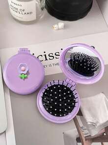 1/2pcs/Set Tulip Flower Portable Airbag Mirror Comb, Foldable Pocket Makeup Mirror, Compact Flower Design, Hair Accessories - Multicolor - View 3