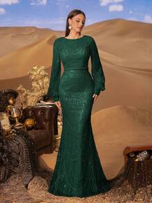 Faeriesty 优雅长袖亮片鱼尾礼服，女士款——精致的水晶串珠刺绣，闪耀夺目的全身细节，修身喇叭裙摆，适合红毯活动、奢华婚礼、正式晚宴、时装秀派对以及春季度假等场合。 - 墨綠色 - 查看 4