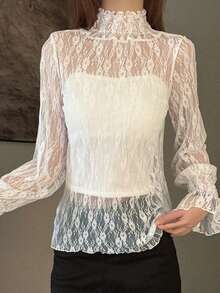 素色荷葉袖薄透蕾絲上衣 - 白色 - 查看 2
