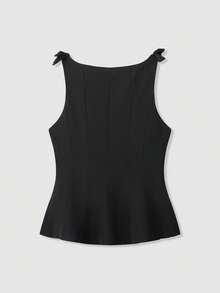 Elegant Solid Color Bow Decor Waist Tank Top - Black - View 2