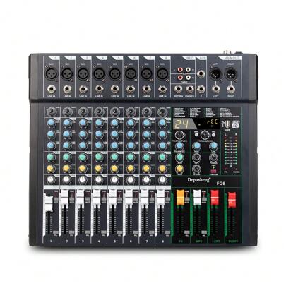 DEPUSHENG Mezclador de audio profesional Depusheng FG8 de 8 canales para grabación por computadora, interfaz de controlador de sonido y mezclador de estudio con 24 efectos DSP integrados.