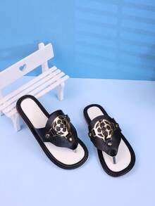 Children Fashion Flip Flops, Girls Thong Sandals, Summer Casual Flat Sandals, Kids & Youth Metal Buckle Non-Slip Shoes - Black - View 4