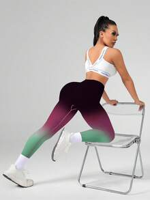 1 Stück Sport Yoga Leggings mit hohem Bund und Farbverlauf, elastische bauchkontrollierende knietiefe Trainingshose - Violett - Übersicht 8