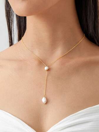 1 st 18K guldpläterat Y-format halsband med naturlig pärla för kvinnor