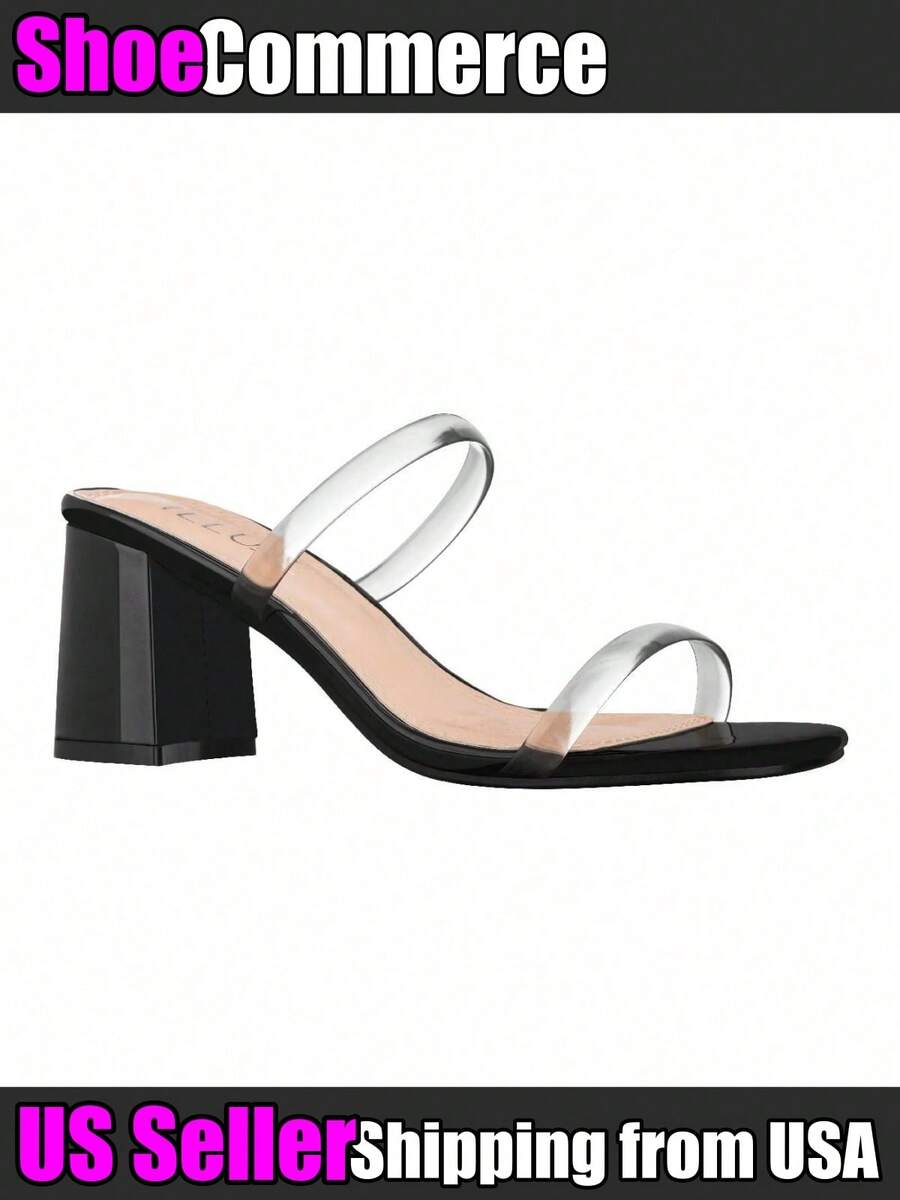 Women's Minimalist Chunky Heeled Mule Sandals Fashionable Elegant  Heeled Sandals Block Heel Square Toe Heeled Sandal Summer Shoes - 透明黑色 - 查看 1