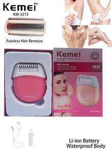 Kemei KM-3213 Women Painless Hair Removal Device Washable Shaver For Lady USB Rechargeable Electric Hair Remover For Body Waterproof Hair Trimmer For Women Bikini Leg Underarm Private Part Whole Body Shaver Cordless Machine Epilator - Hot Pink - View 2