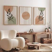 Boho Abstract Wall Art Prints Set Of 3, Sage Green And Rust Orange Wall Art, Beige Terracotta Black Neutral Pastel Mid Century Art, Modern Minimalist Geometric Lines Leaves Abstract Art Picture, No Frame - Multicolor - View 3