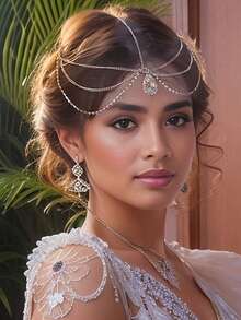 1 件波西米亚风仿水晶额头吊坠头饰，泪珠头链发饰，新娘发饰