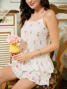 RS Pajama1 女士浪漫红色花卉印花吊带背心上衣和短裤两件套睡衣套装 - 白色 - 查看 4