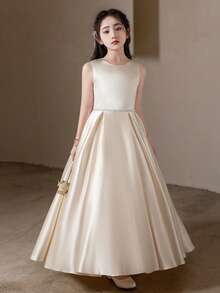 Váy dài màu sâm panh cho tiệc sinh nhật bé gái tuổi teen, váy phù dâu cưới có nơ lớn - Rượu sâm banh - Xem 6