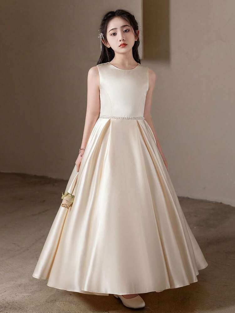 Champagne Color Long Dress For Teen Girl Birthday Party, Wedding Bridesmaid  Dress With Big Bow | SHEIN USA