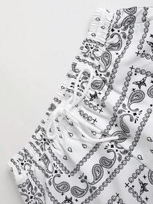Men's Paisley Print Short Sleeve Shirt And Shorts Set, Single-Breasted, Elastic Drawstring Waist With Pocket - White - View 5