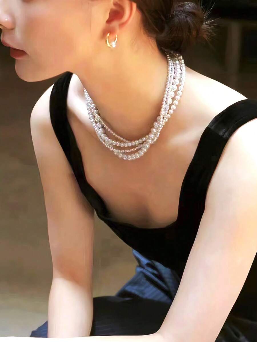 Elegant Multi-Layer Pearl Necklace, Minimalist Chic High-End Choker Vintage Necklace, Suitable As Mother's Day Gift (Faux Pearl) - White - View 1