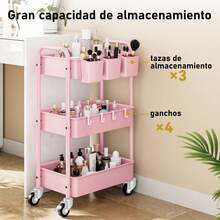 Carrito con ruedas de 3 niveles, carrito utilitario de metal con ruedas, 3 tazas colgantes,4 ganchos, carrito de almacenamiento con ruedas de malla resistente, carrito de manualidades para - Rosa - Ver 3