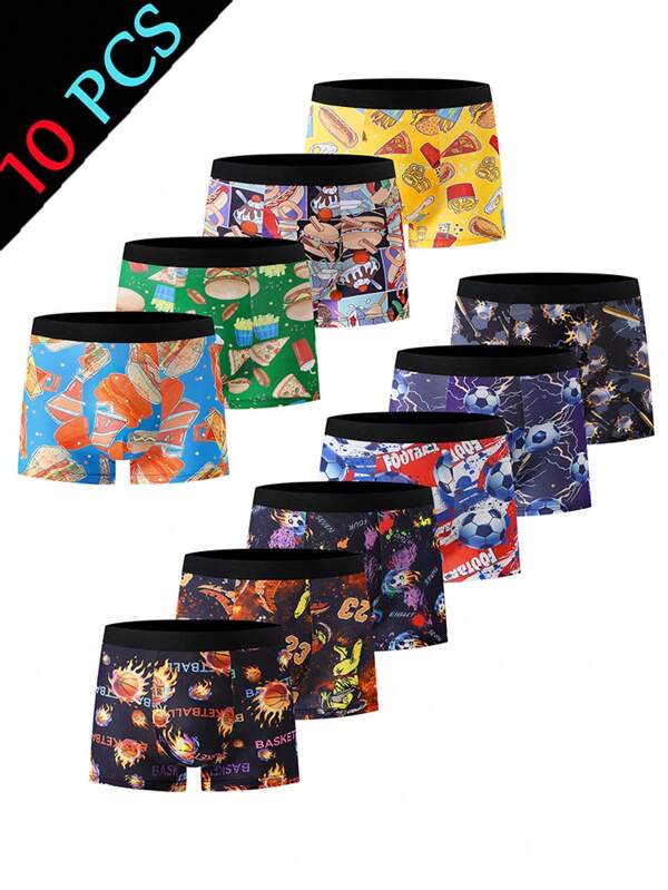 Paquete de 10 calzoncillos tipo bóxer cómodos y elásticos con estampados de dibujos animados, adecuados para niños de 8 a 12 años