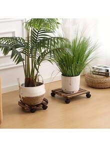 Heavy Duty Rustic Wood Plant Cart With Lockable Metal Wheels | Indoor/Outdoor Garden & Terrace Trolley | Sturdy Mobile Decorative Stand For Pot Transportation & Plant Moving - Multicolor - View 6